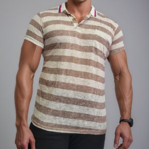 Camiseta Con Cuello- District Polo Caqui Rayada